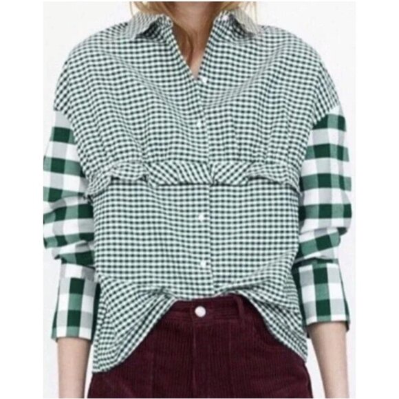 Zara Blouse Womens XL Green White Gingham Check Button Up Long Sleeve Ruffle Top - Picture 1 of 16